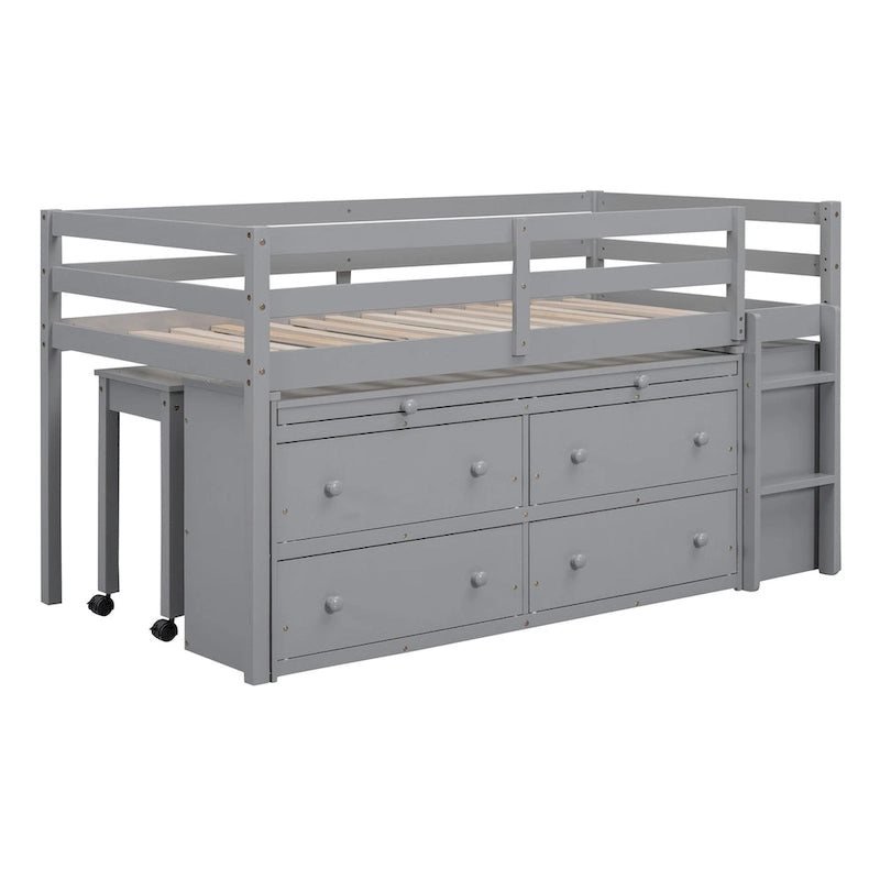 Lit mezzanine double avec bureau rétractable, 4 tiroirs, bureau portable latéral et étagères