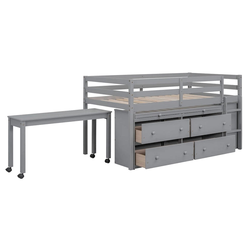 Lit mezzanine double avec bureau rétractable, 4 tiroirs, bureau portable latéral et étagères