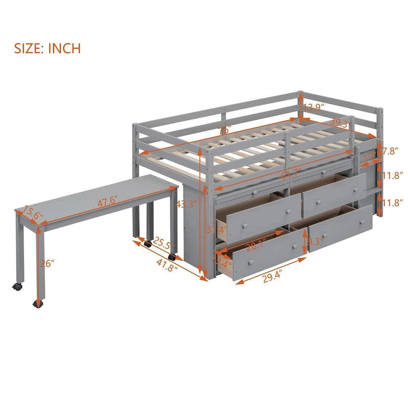 Lit mezzanine double avec bureau rétractable, 4 tiroirs, bureau portable latéral et étagères
