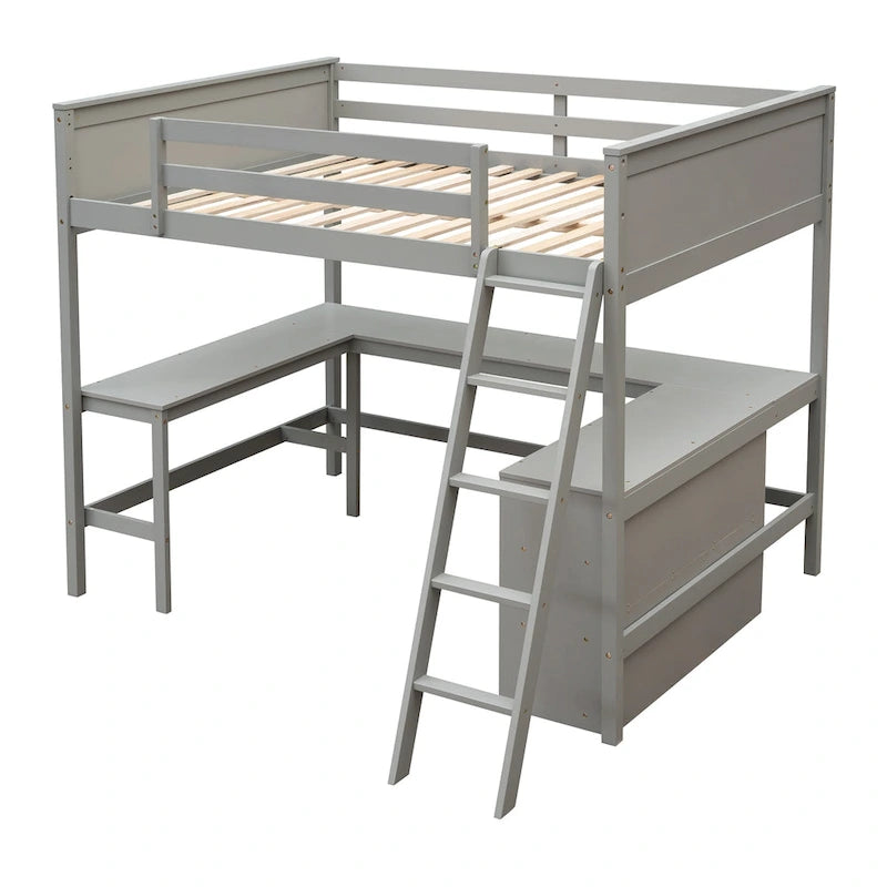 Full Size Wooden Loft Bed with Storage Shelves and Desk
