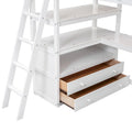 White Loft Bed with Desk and Shelves, Two Built-in Drawers