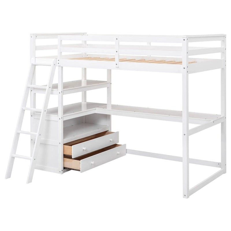 Lit mezzanine blanc avec bureau et étagères, deux tiroirs intégrés