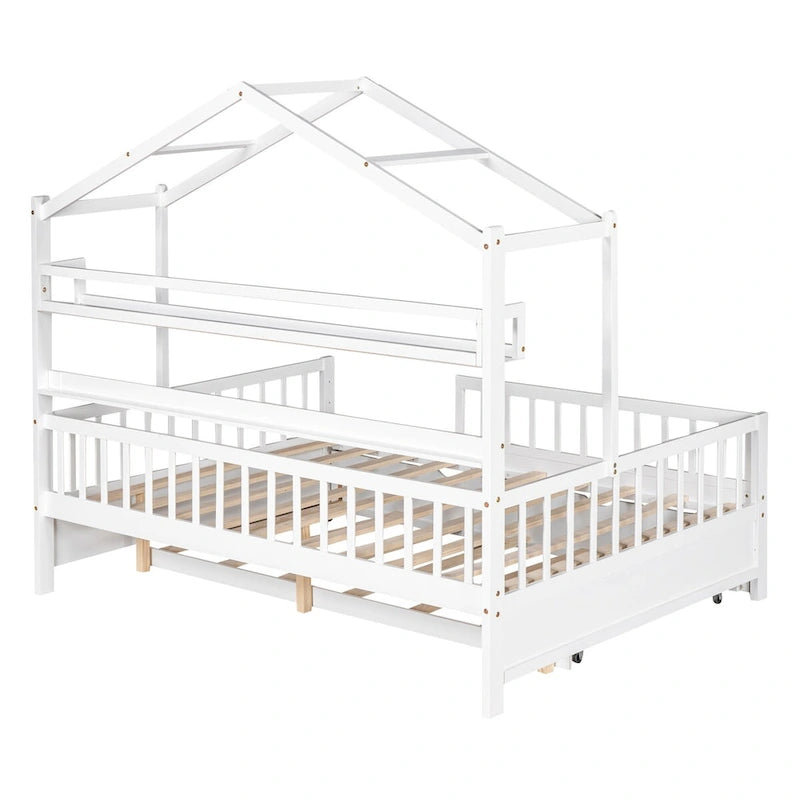 Lit cabane blanc en bois pour enfants avec lit gigogne double et étagère