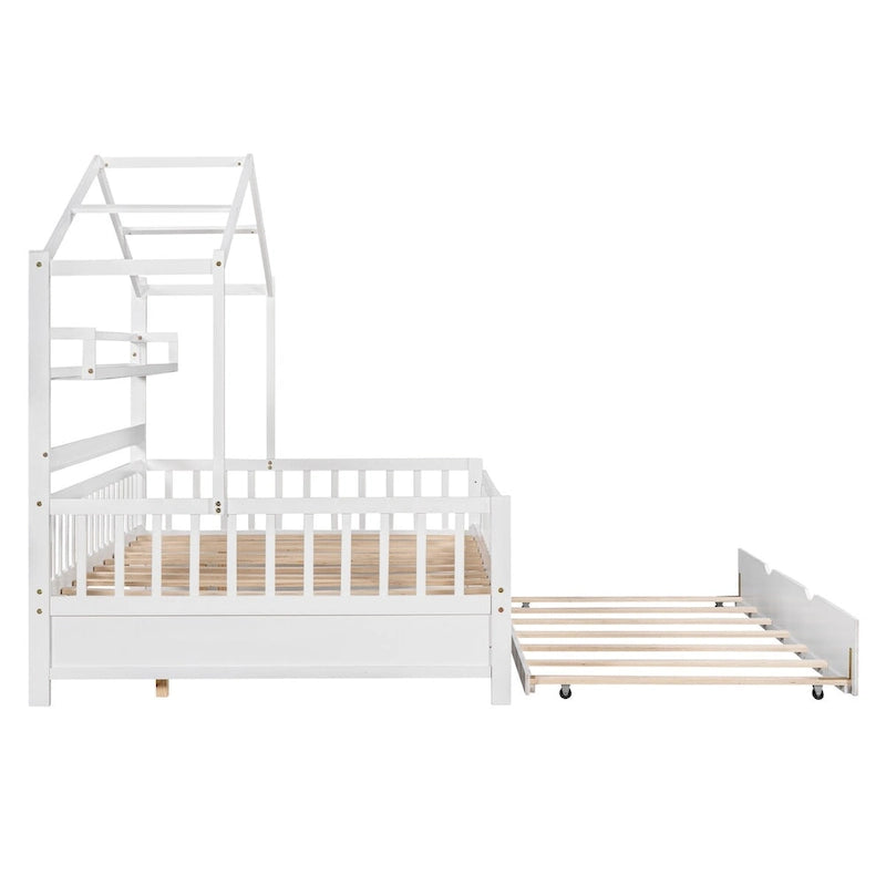 Lit cabane blanc en bois pour enfants avec lit gigogne double et étagère