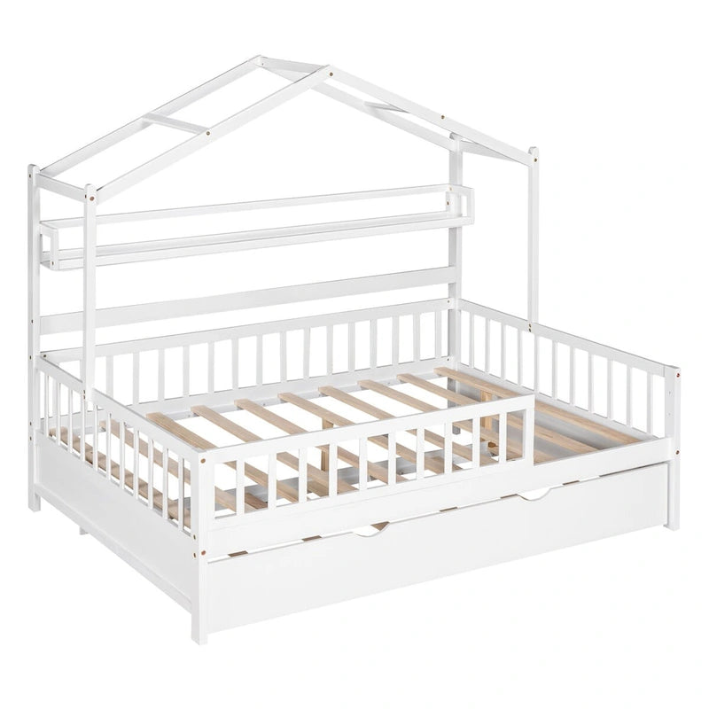 Lit cabane blanc en bois pour enfants avec lit gigogne double et étagère
