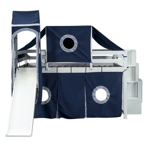 Blue Full Size Castle style Loft Bed with Storage Staircase and Slide