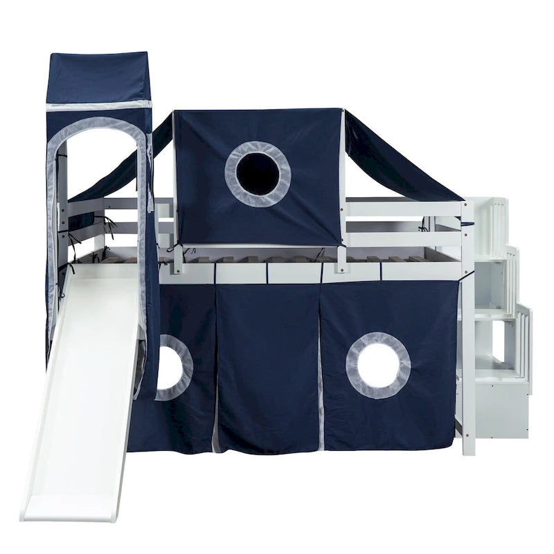 Lit mezzanine bleu pleine grandeur style château avec escalier de rangement et toboggan