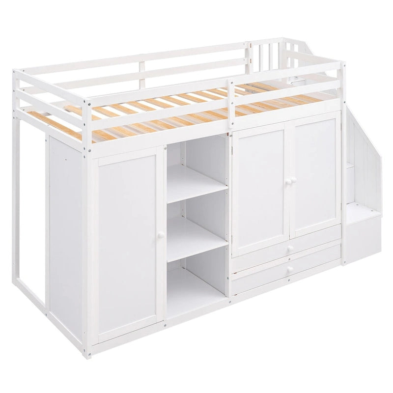 Lit mezzanine double en pin blanc, étagères, armoires, tiroirs, échelle avec rangement