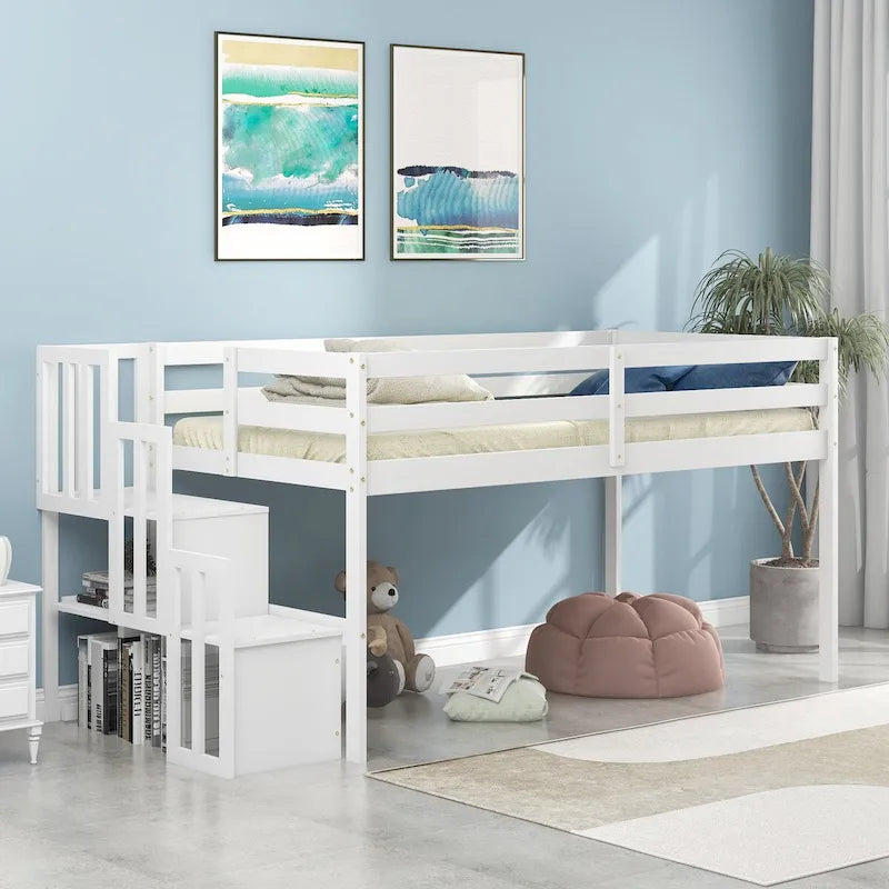 Lit mezzanine double en bois massif avec escalier et rangement