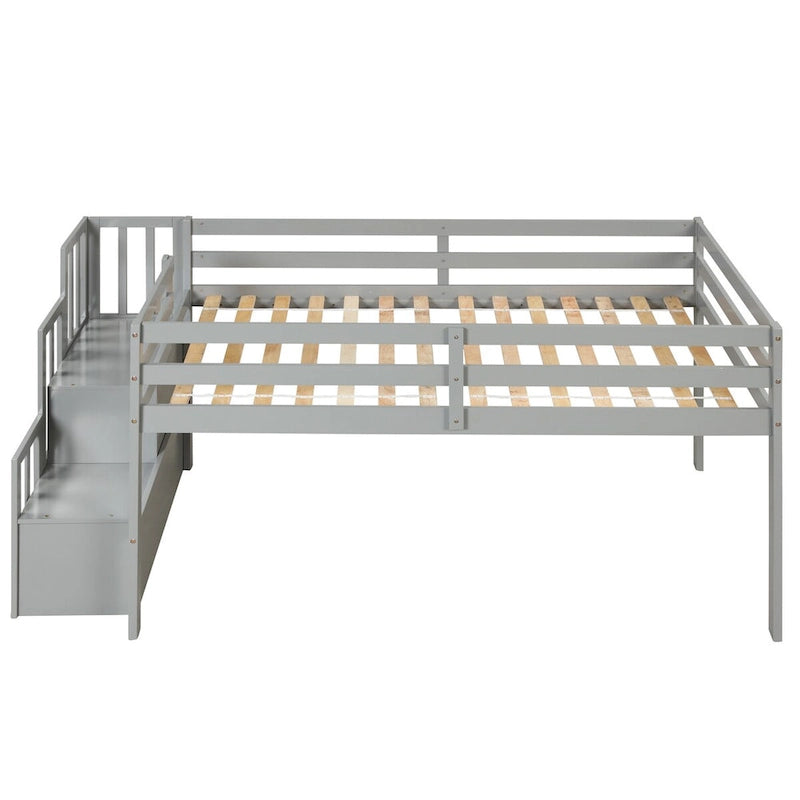 Lit mezzanine double en bois massif avec escalier et rangement