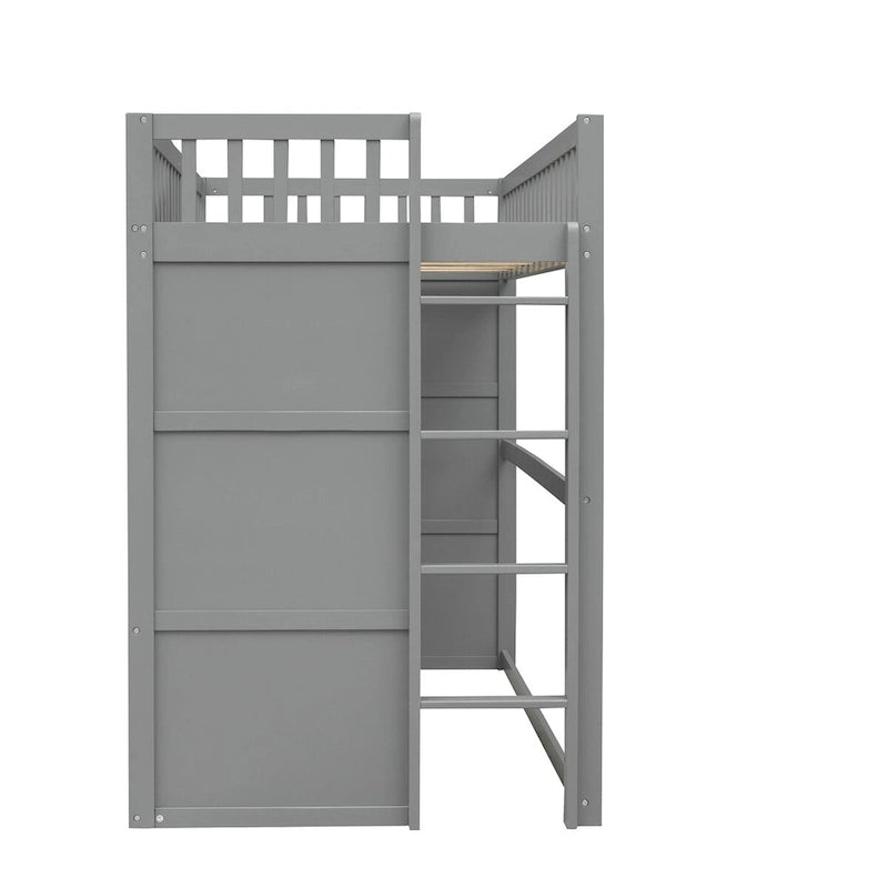 Lit mezzanine jumeau en pin massif de style château gris avec échelle et barrières de sécurité