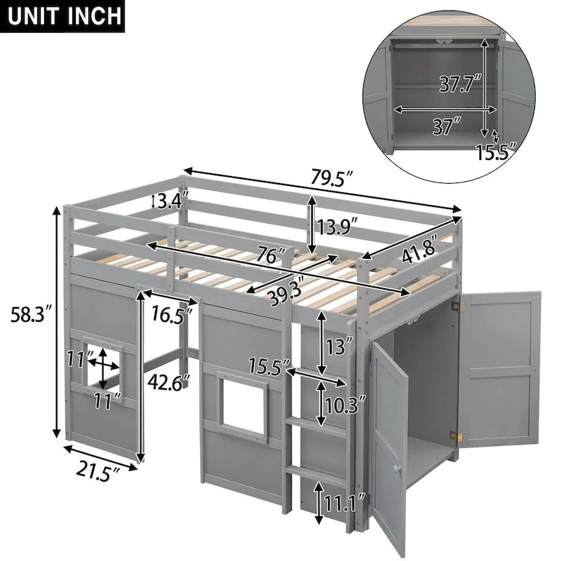 Lit mezzanine double en bois avec armoire intégrée, 2 fenêtres et barrières de sécurité sur toute la longueur