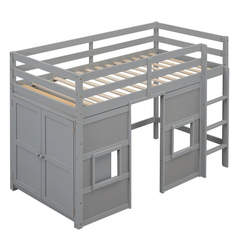 Lit mezzanine double en bois avec armoire intégrée, 2 fenêtres et barrières de sécurité sur toute la longueur