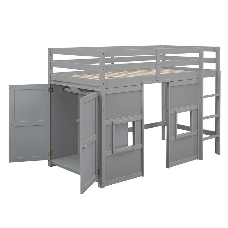 Lit mezzanine double en bois avec armoire intégrée, 2 fenêtres et barrières de sécurité sur toute la longueur