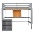 Gray Pine Wood Loft Bed with Desk and Cabinet, Writing Board, Full-Length Guardrail