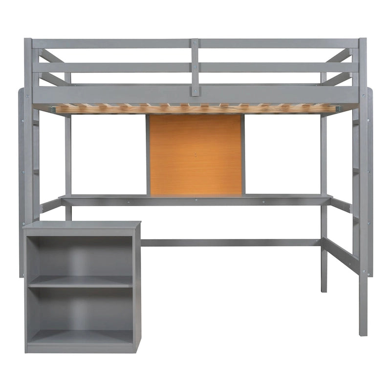 Gray Pine Wood Loft Bed with Desk and Cabinet, Writing Board, Full-Length Guardrail