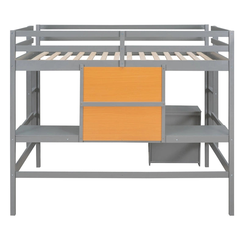 Lit mezzanine en pin gris avec bureau et armoire, tableau d'écriture, garde-corps pleine longueur