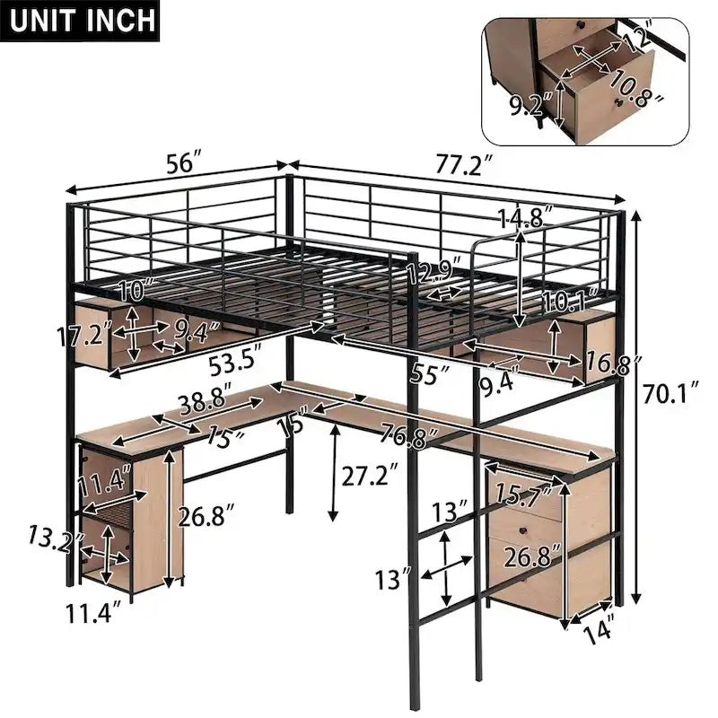 Lit mezzanine en métal avec bibliothèque, bureau et armoire, double