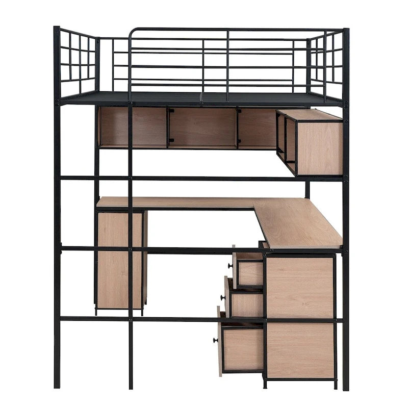 Lit mezzanine en métal avec bibliothèque, bureau et armoire, double