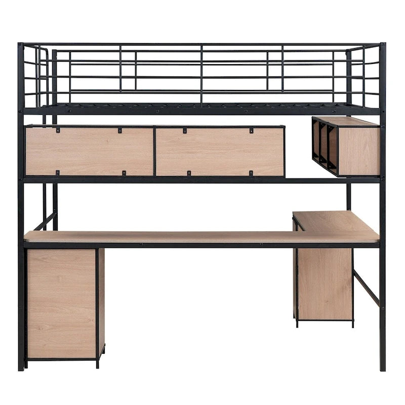 Lit mezzanine en métal avec bibliothèque, bureau et armoire, double