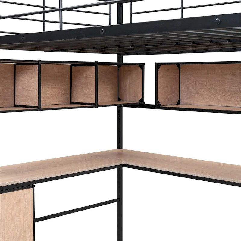 Lit mezzanine en métal avec bibliothèque, bureau et armoire, double