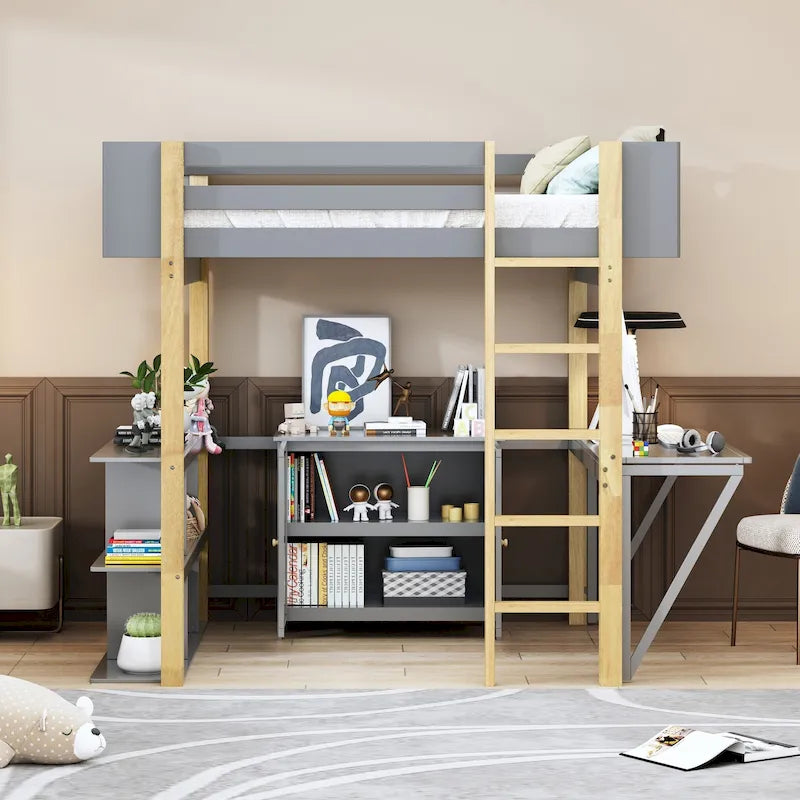 Lit mezzanine double en bois avec armoire et cubes de rangement