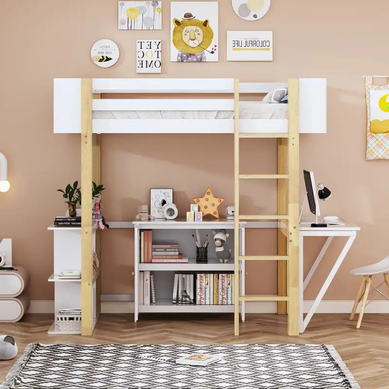 Lit mezzanine double en bois avec armoire et cubes de rangement
