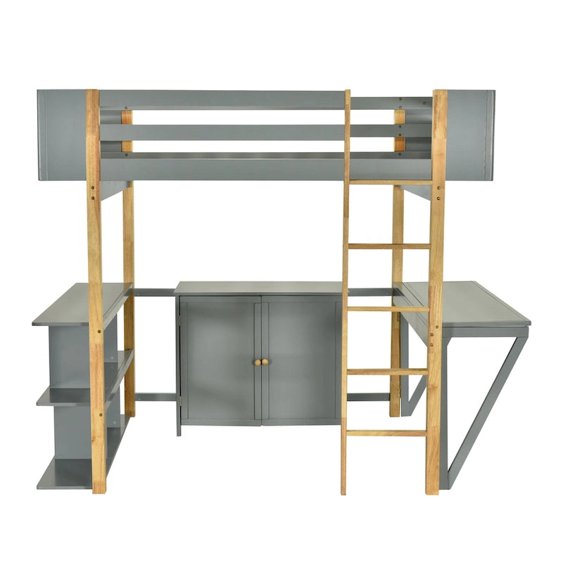 Twin Size Wood Loft Bed With Cabinet and Cubes