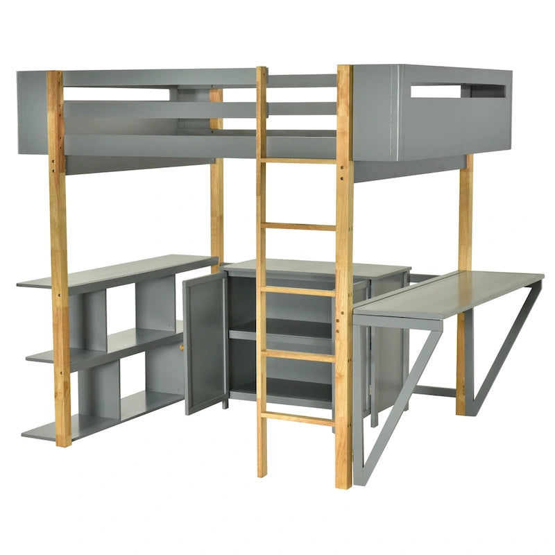 Lit mezzanine double en bois avec armoire et cubes de rangement