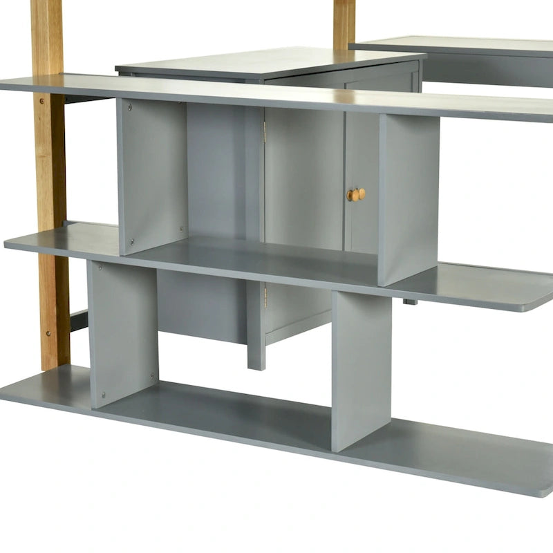 Lit mezzanine double en bois avec armoire et cubes de rangement