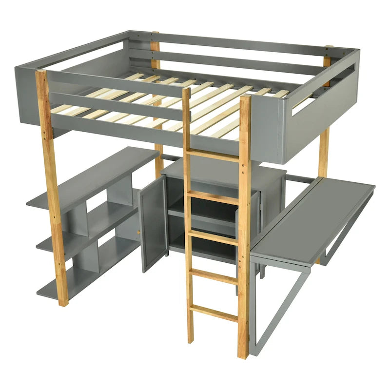 Lit mezzanine double en bois avec armoire et cubes de rangement