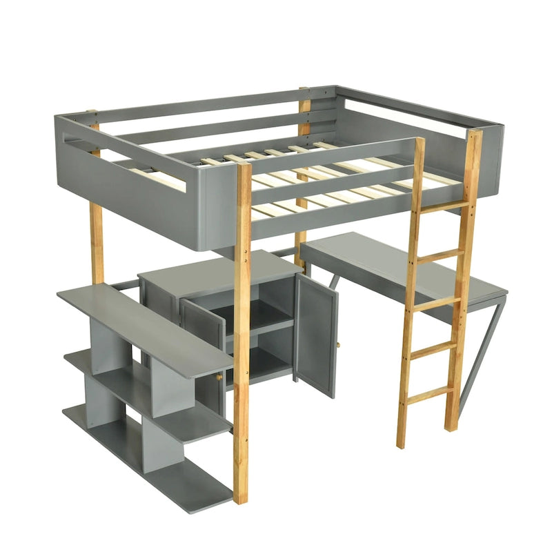 Lit mezzanine double en bois avec armoire et cubes de rangement