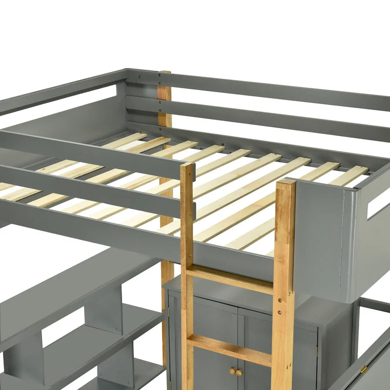 Lit mezzanine double en bois avec armoire et cubes de rangement