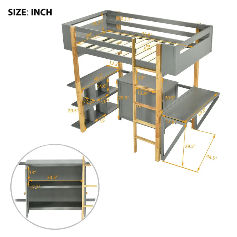 Lit mezzanine double en bois avec armoire et cubes de rangement
