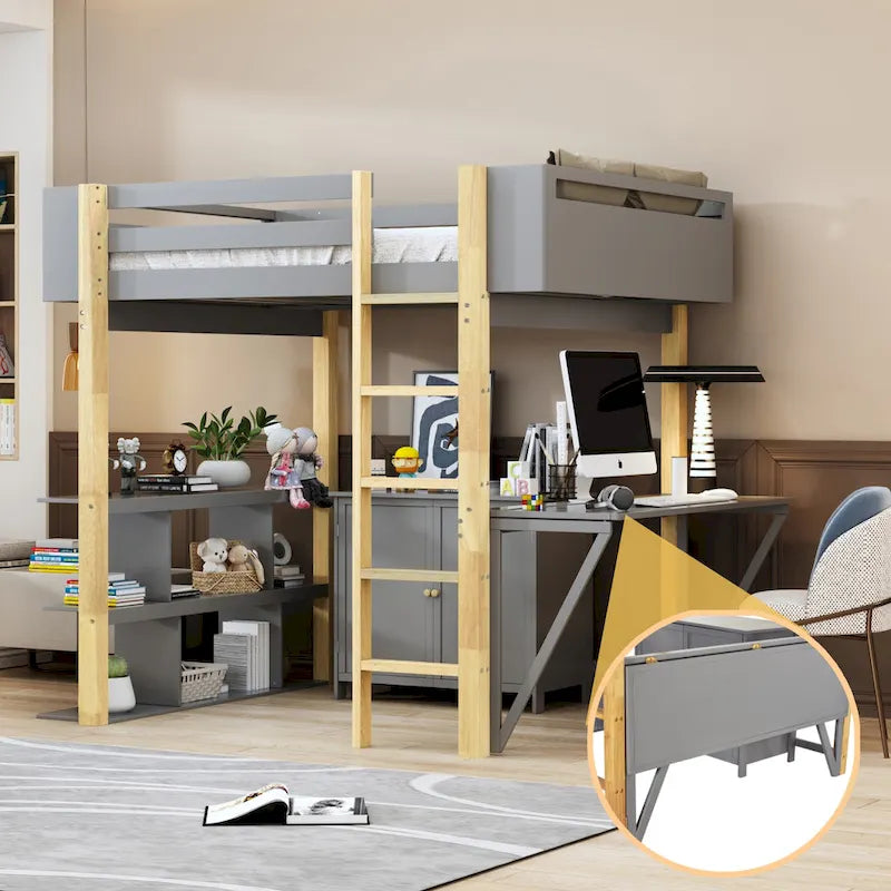 Lit mezzanine double en bois avec armoire et cubes de rangement