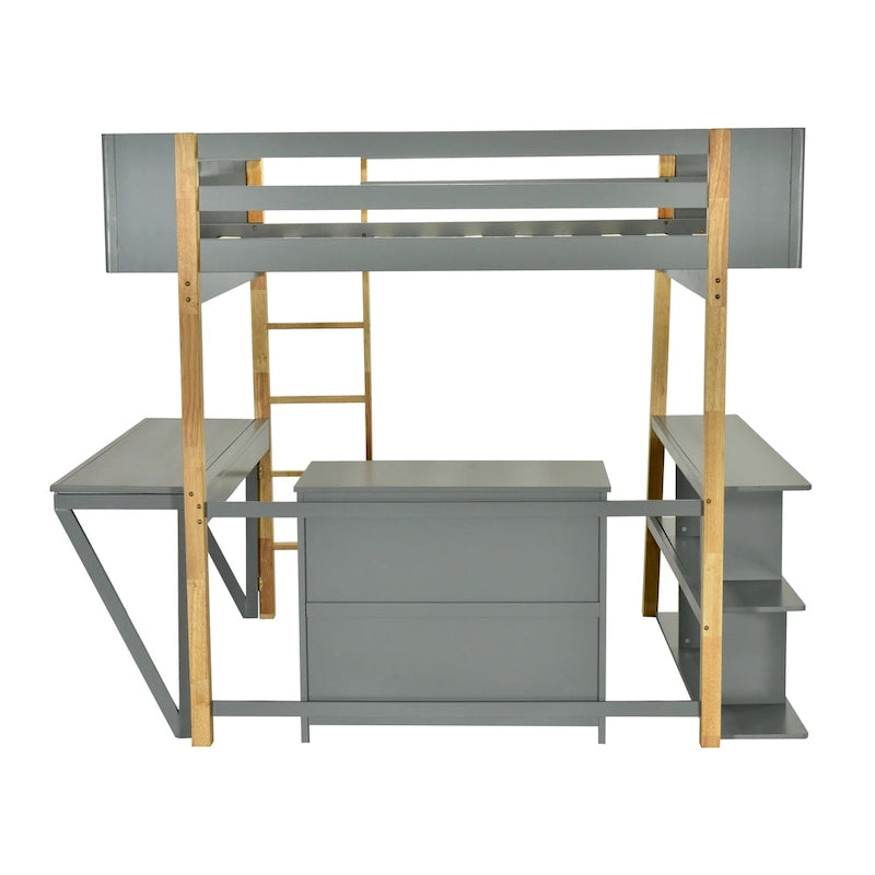Lit mezzanine double en bois avec armoire et cubes de rangement