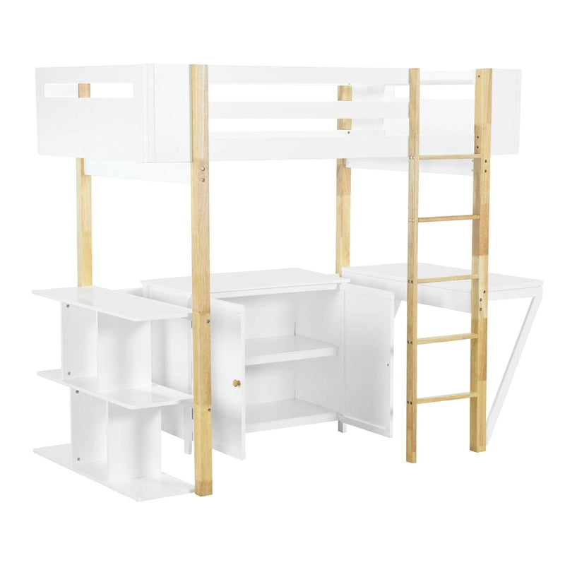 Lit mezzanine double en bois avec armoire et cubes de rangement