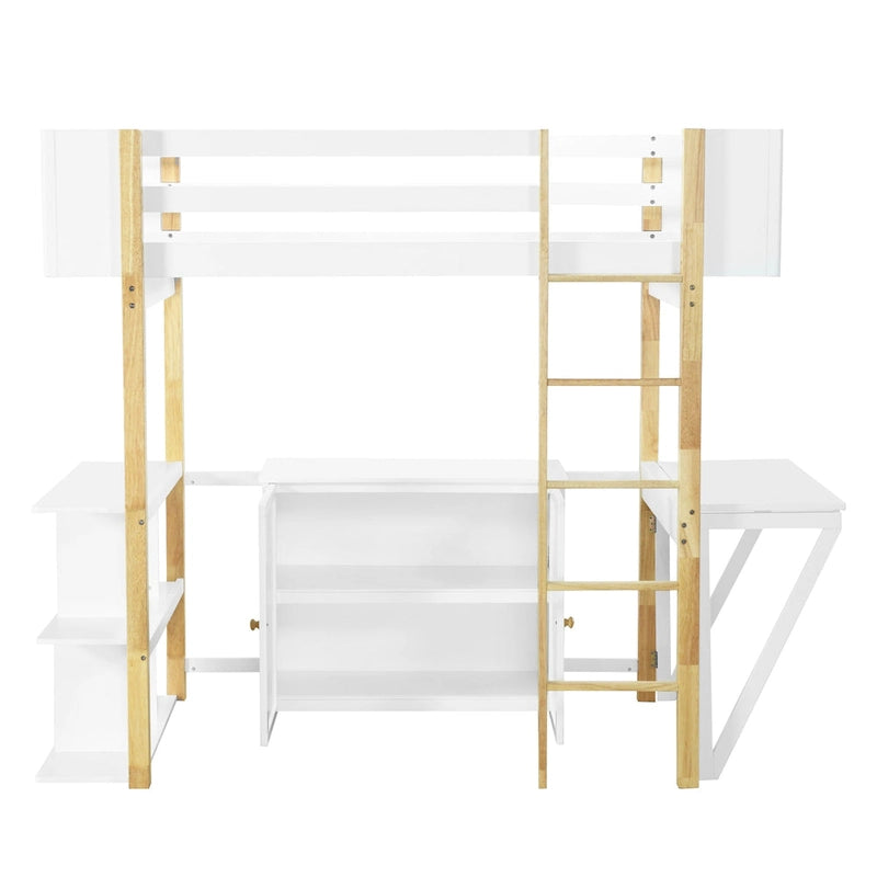 Lit mezzanine double en bois avec armoire et cubes de rangement