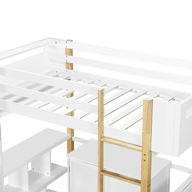 Lit mezzanine double en bois avec armoire et cubes de rangement
