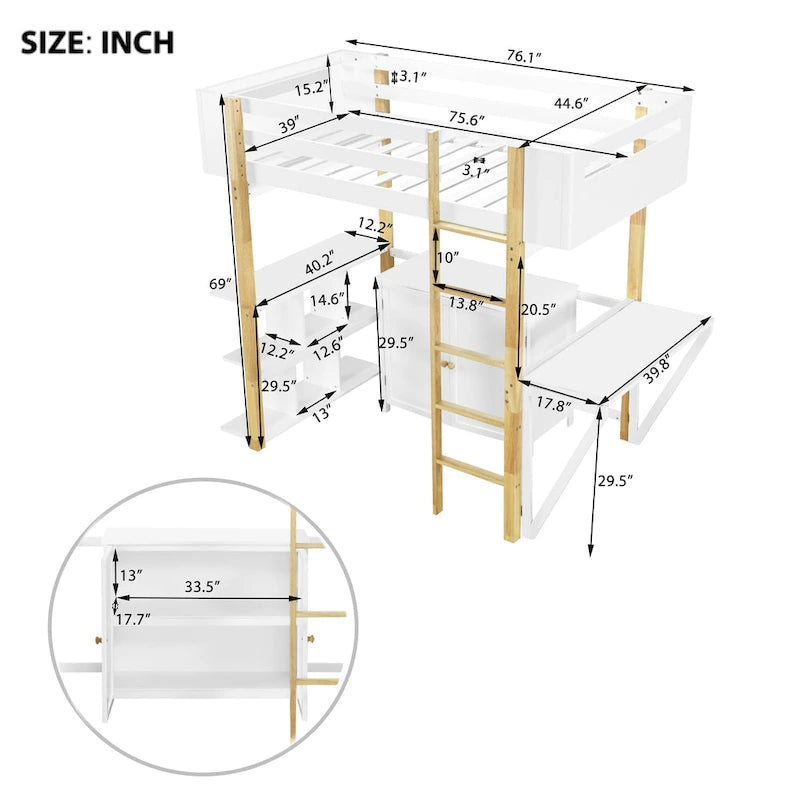 Lit mezzanine double en bois avec armoire et cubes de rangement