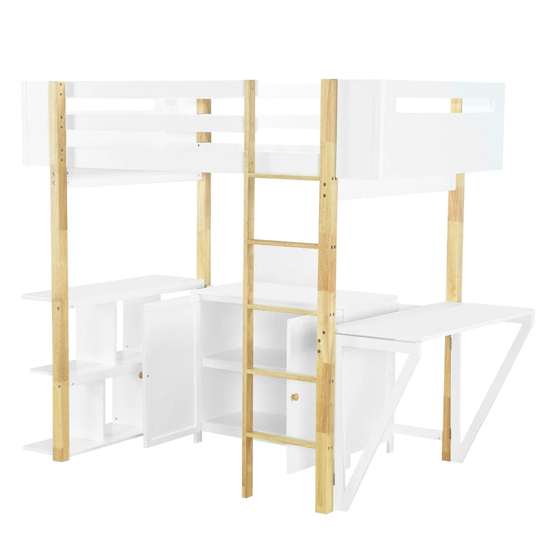 Lit mezzanine double en bois avec armoire et cubes de rangement