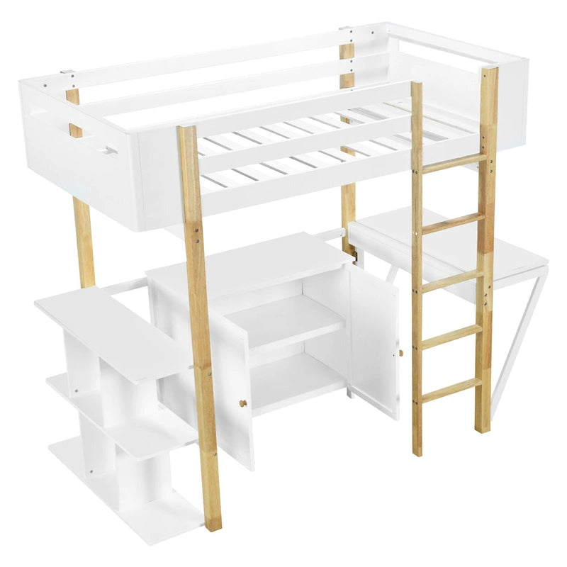 Lit mezzanine double en bois avec armoire et cubes de rangement