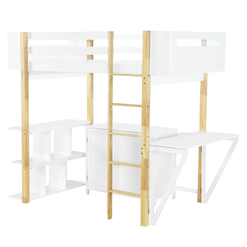 Lit mezzanine double en bois avec armoire et cubes de rangement