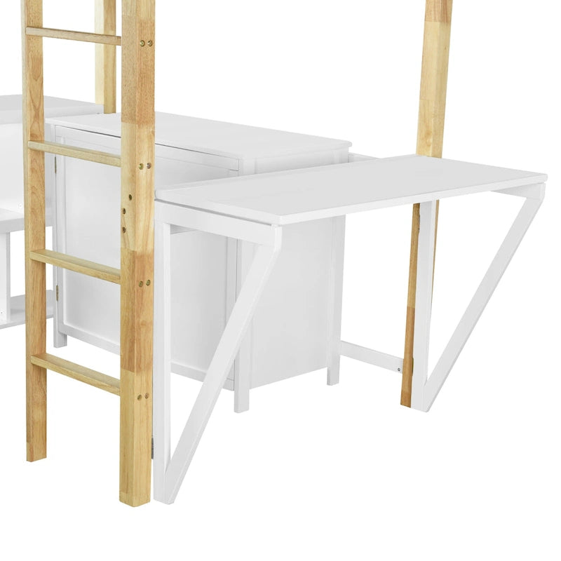 Lit mezzanine double en bois avec armoire et cubes de rangement