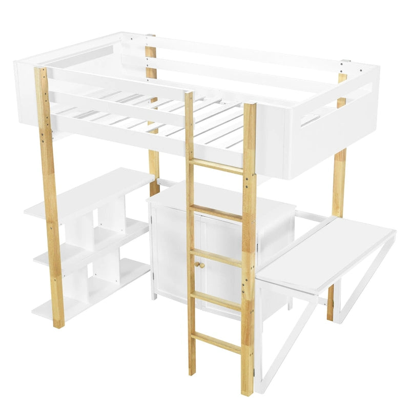Lit mezzanine double en bois avec armoire et cubes de rangement