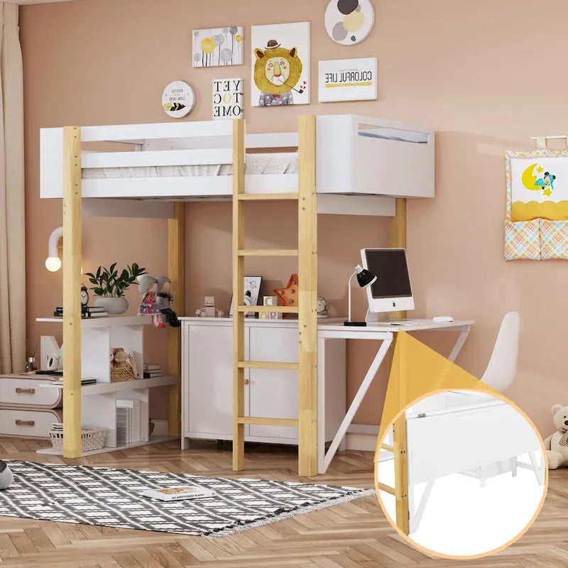 Lit mezzanine double en bois avec armoire et cubes de rangement