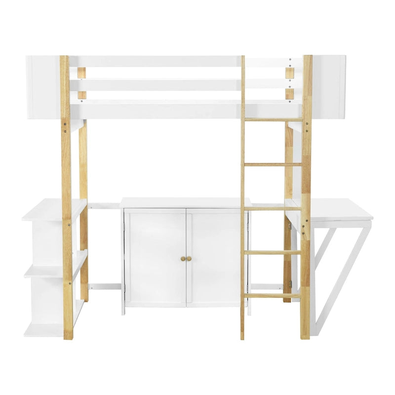 Lit mezzanine double en bois avec armoire et cubes de rangement