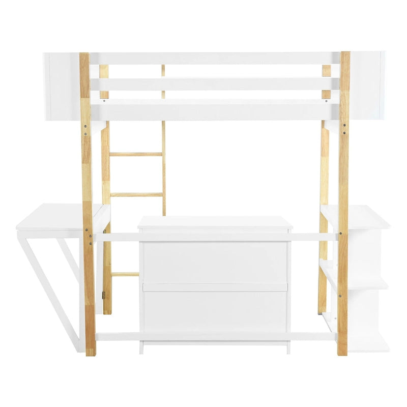 Lit mezzanine double en bois avec armoire et cubes de rangement