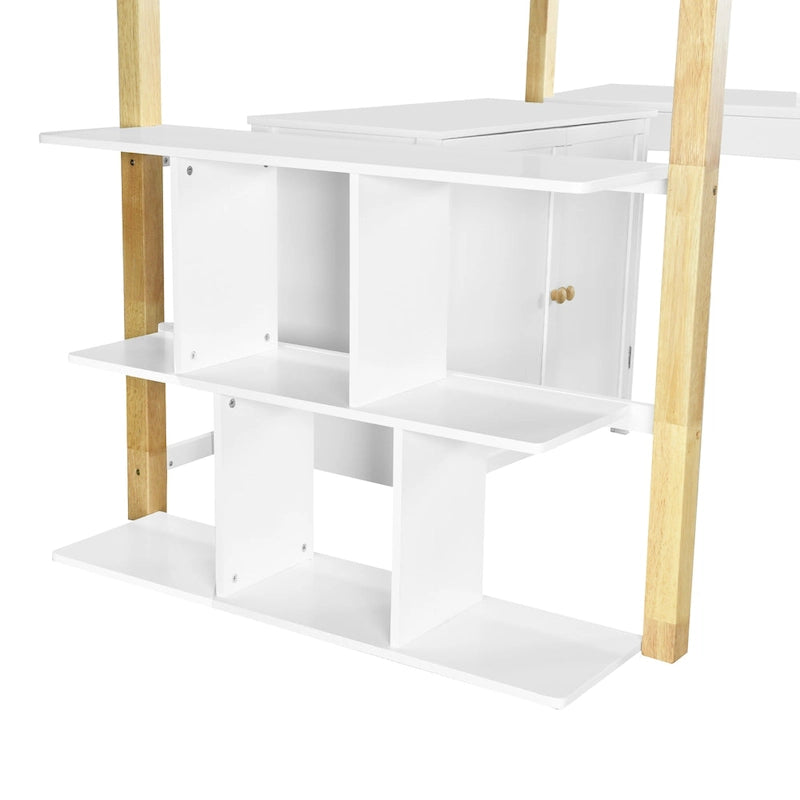 Lit mezzanine double en bois avec armoire et cubes de rangement