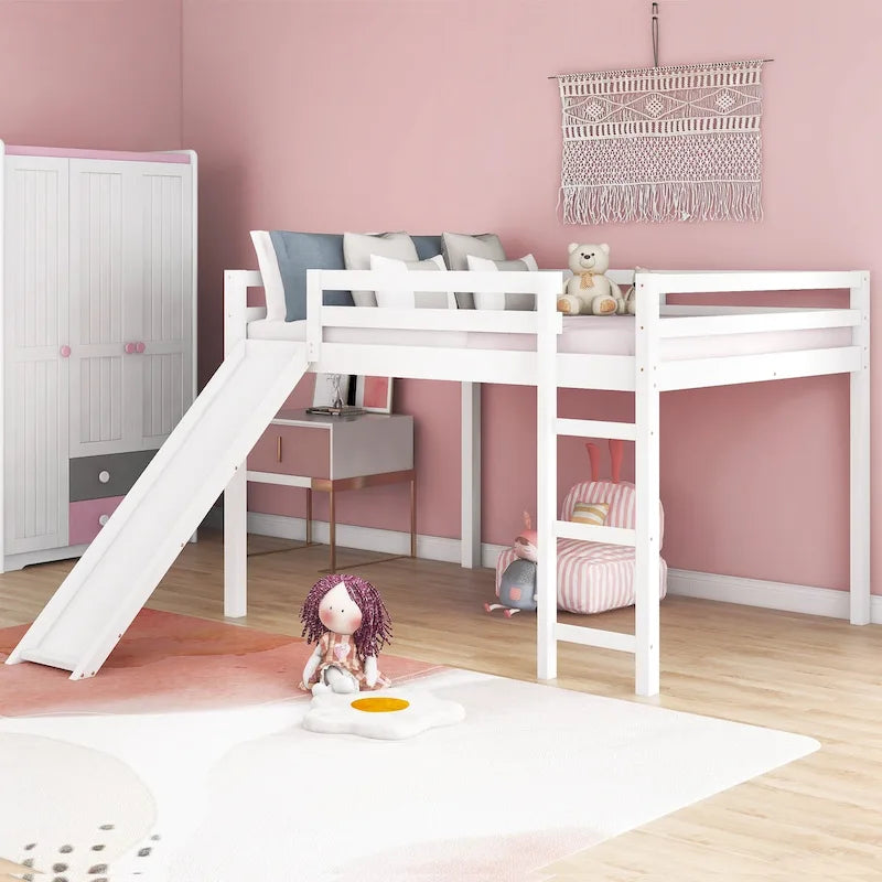Lit mezzanine pleine grandeur avec toboggan, design multifonctionnel (blanc)